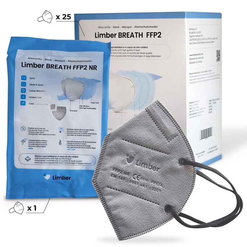 limpiar Sudamerica caja registradora Mascarilla FFP2 4 capas Gris de Limber Breath - Valentia Medical