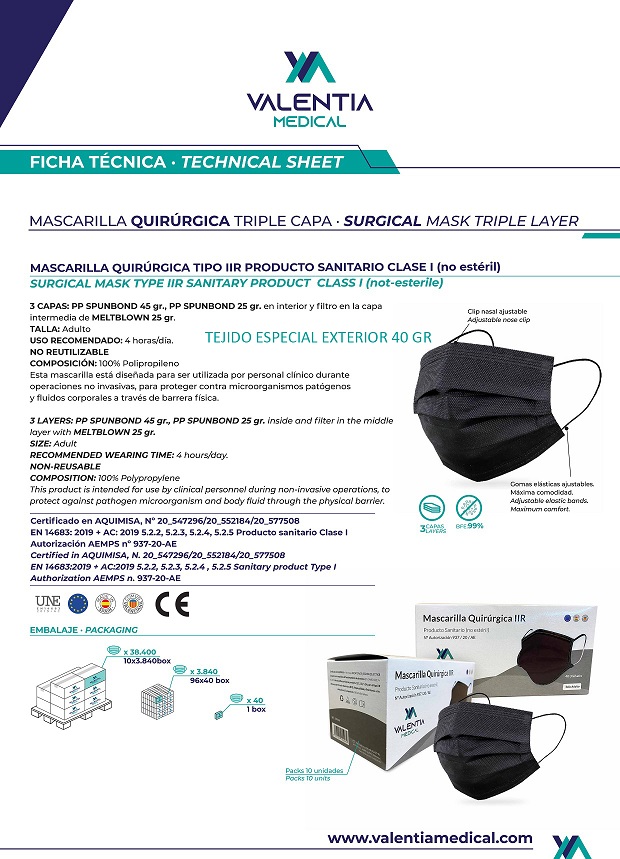 Mascarilla VP1 Quirúrgica IIR Negra - Fabricadas en España